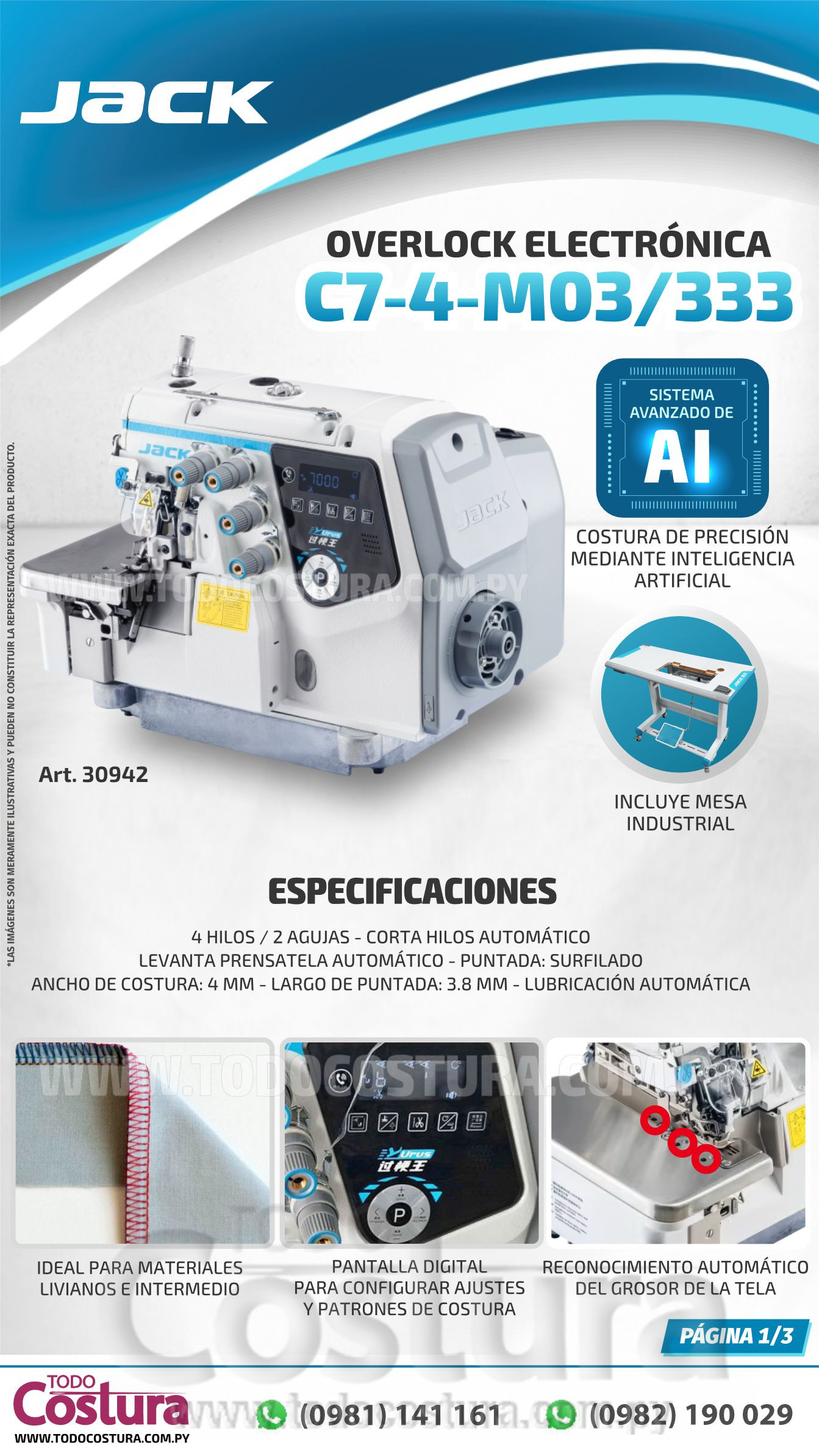 OVERLOCK (ELECTRONICA - 4 HILOS - LIVIANA) JACK C7-4-M03/333 (MOTOR INCORPORADO)