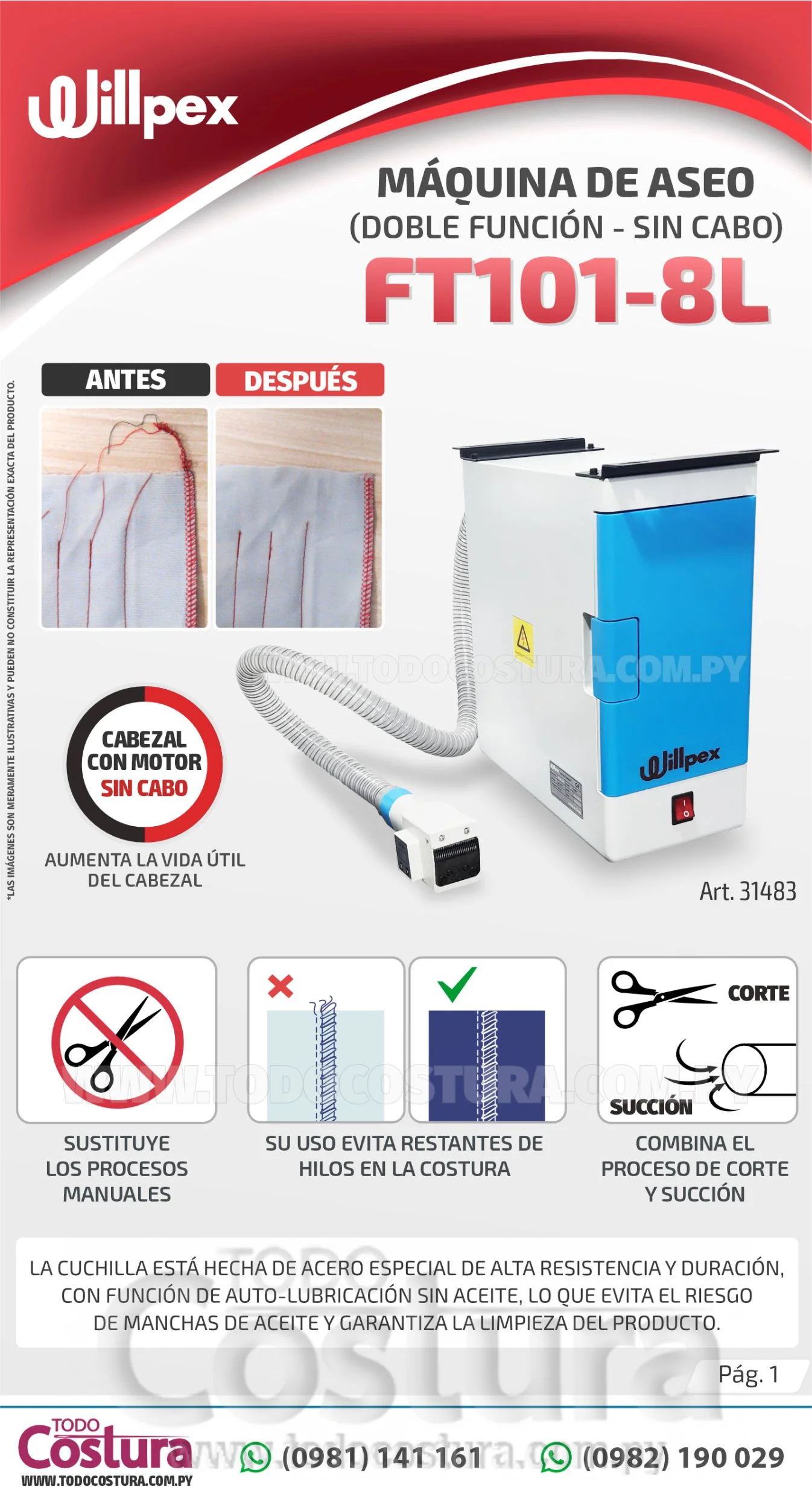 MAQUINA DE ASEO (DOBLE FUNCION - SIN CABO) WILLPEX FT101-8L (CON MOTOR)