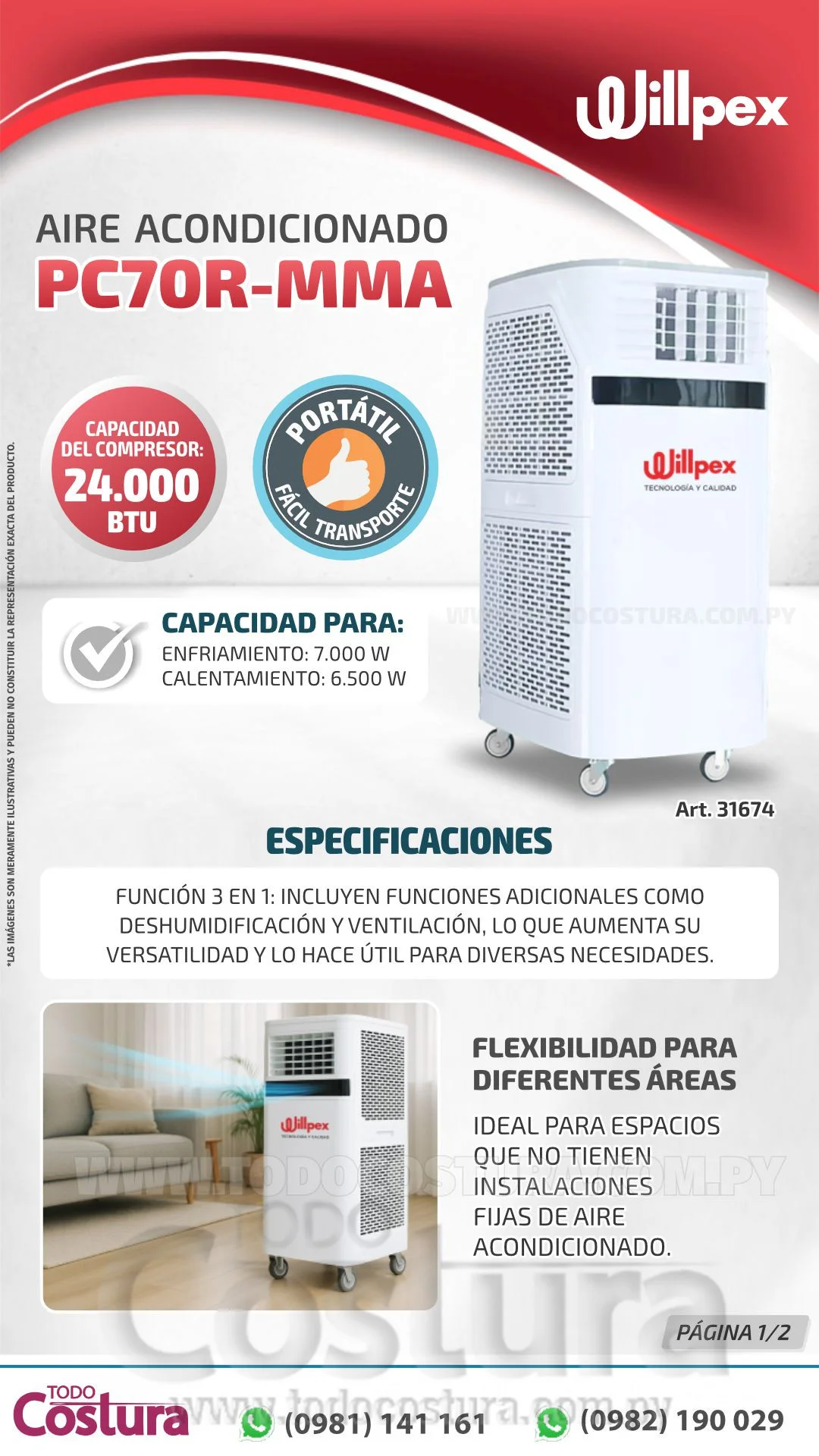 AIRE ACONDICIONADO PORTATIL (24000BTU - 7000W) WILLPEX PC70R-MMA