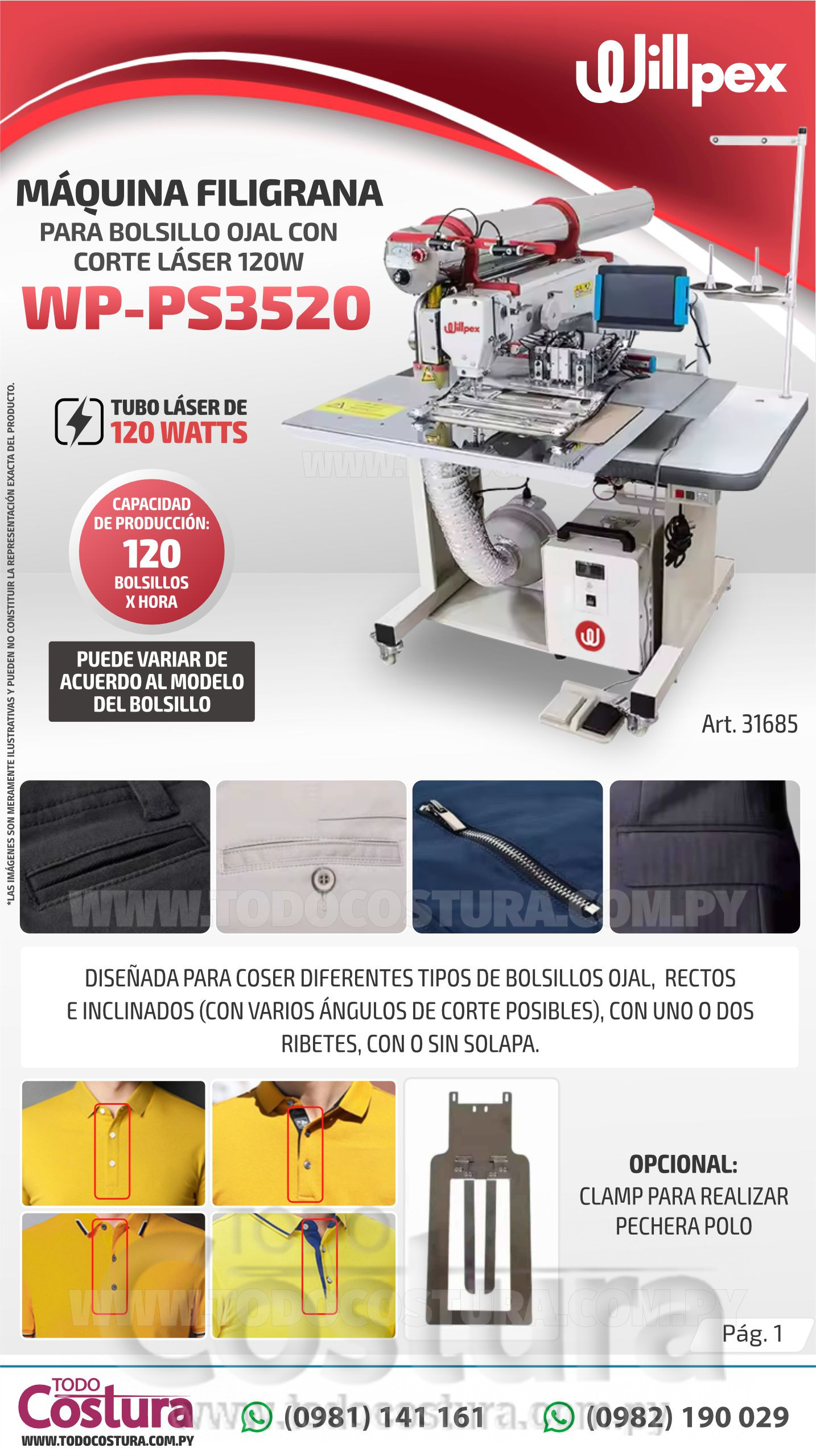 MAQUINA FILIGRANA (PARA BOLSILLO OJAL CON CORTE LASER 120W) WILLPEX WP-PS3520F