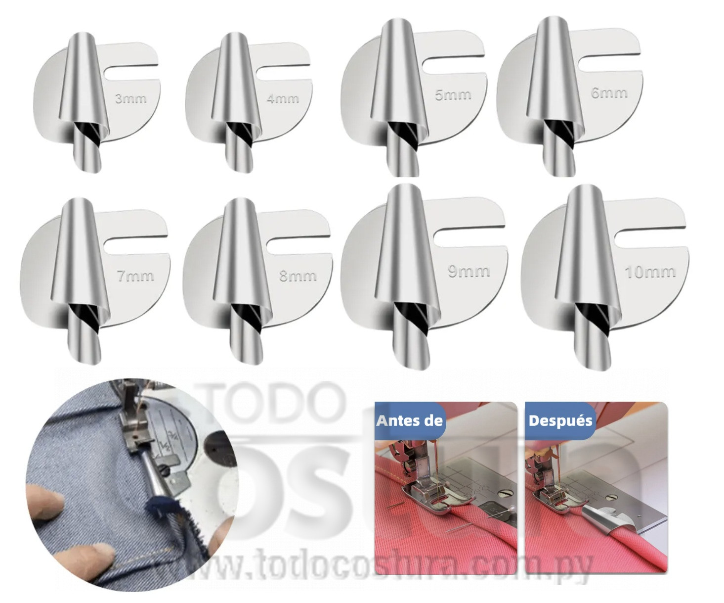 DOBLADILLADOR EMBUDO (8 UNID - 3MM A 10MM) PARA RECTA INDUSTRIAL / MAQUINA FAMILIAR