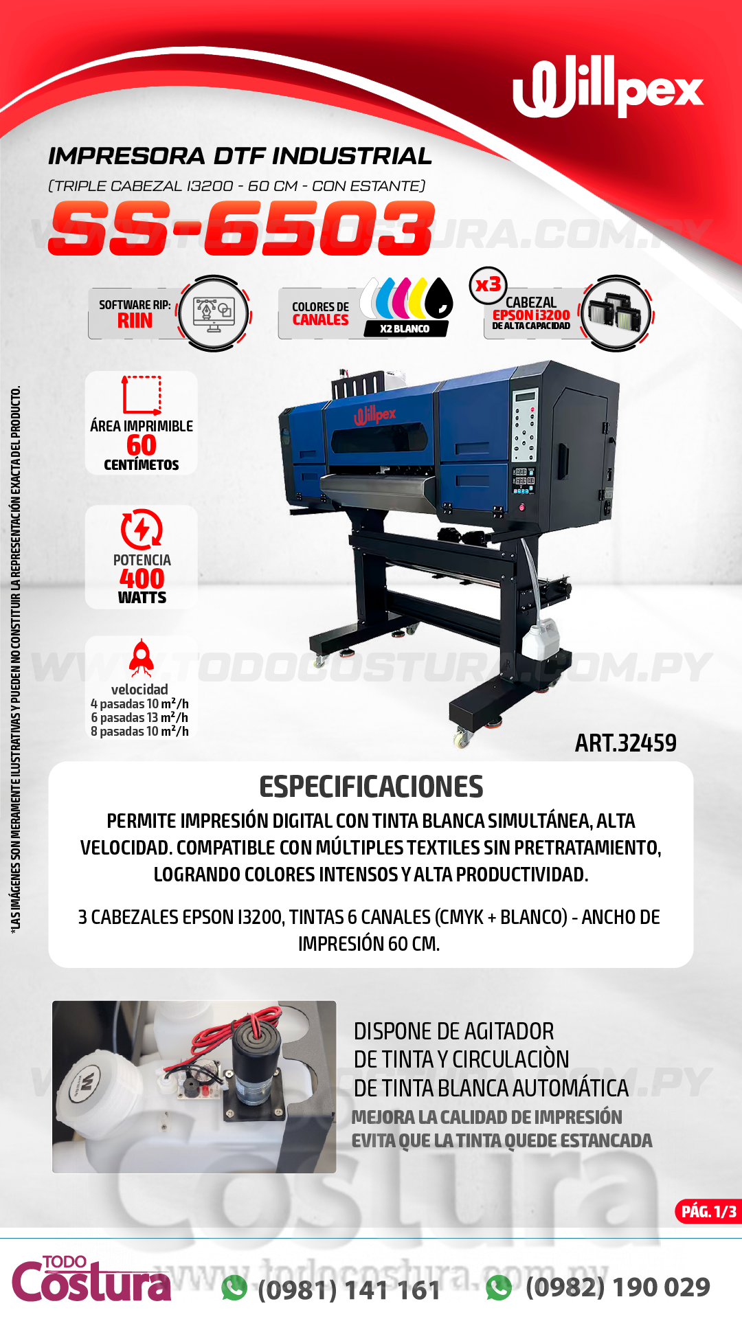 IMPRESORA DTF INDUSTRIAL (TRIPLE CABEZAL I3200 - 60 CM) WILLPEX SS-6503 (CON ESTANTE)