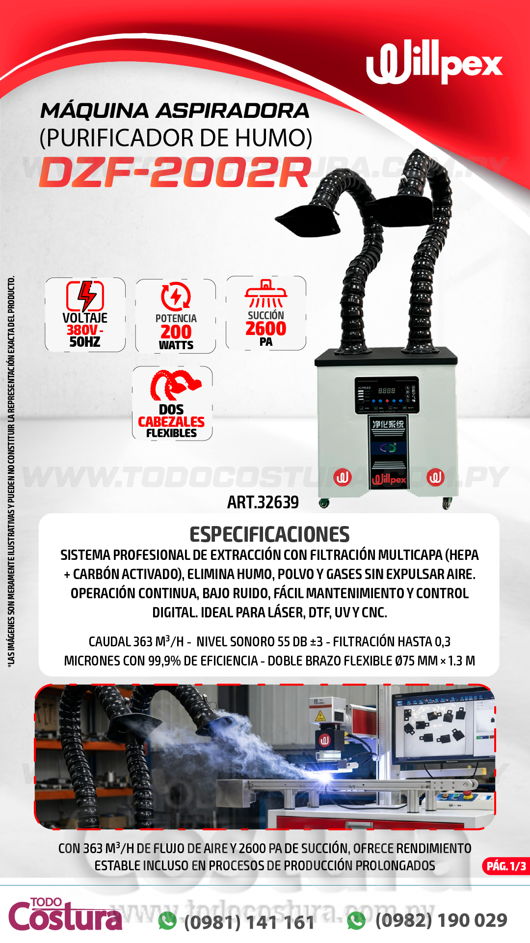 MAQUINA ASPIRADORA PURIFICADOR DE HUMO (2 CABEZALES) WILLPEX DZF-2002R