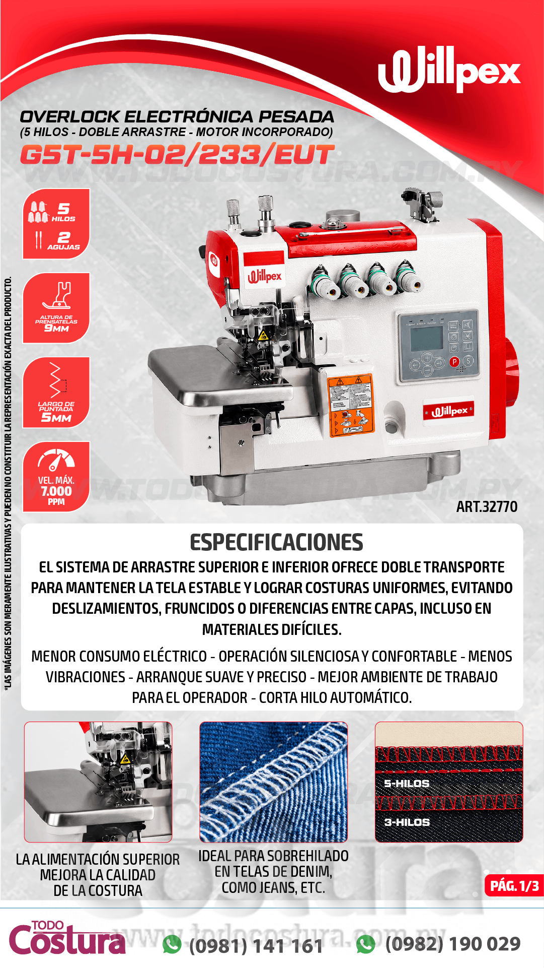 OVERLOCK ELECTRONICA PESADA (5 HILOS - DOBLE ARRASTRE) WILLPEX G5T-5H-02/233/EUT (MOTOR INCORPORADO)