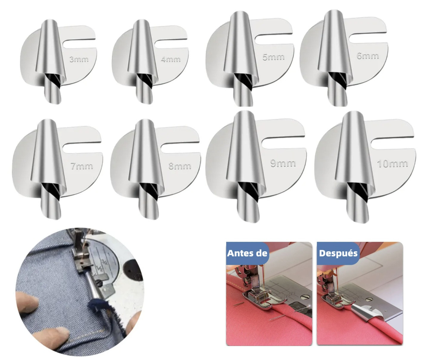 DOBLADILLADOR EMBUDO (8 UNID - 3MM A 10MM) PARA RECTA INDUSTRIAL / MAQUINA FAMILIAR